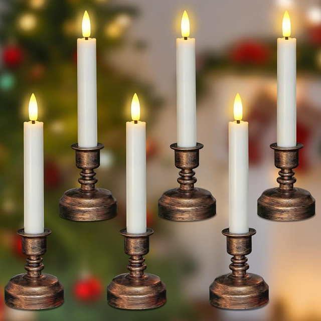 Vtobay Sensor Dusk to Dawn 6pcs LED 0.78" x6.4" Short Ivory Battery Operated Window Candles with Antique Bronze Candlesticks, Plastic Flameless Taper Fake Warm Light Flickering for Festival Decor