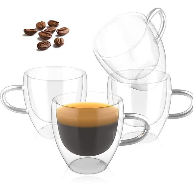 ONEDONE Espresso Cups 2.8 OZ Double Walled Glass Espresso Cups Set of 4 Thermo Insulated Espresso Coffee Cups with Handle Double Espresso Cups Espresso Shot Cups Christmas Gift
