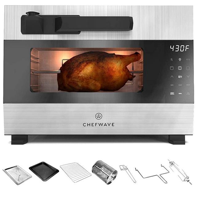 ChefWave 1600W, 27qt Digital Pressure Oven with LED Touch Control Panel – Rotisserie,Roasts, Broils, Bakes and Toasts – 5 Levels of Safety Protection - Includes 7 Accessories