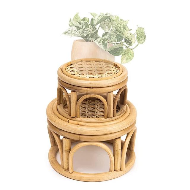 Set of 2 Mini Natural Rattan Wicker Plant Stand by Kutorkill Round Decorative Flower Riser Holder Modern Plant Stand with Boho Plant Stand Holder Suitable Fits 4" and 6" Pots (S, M)