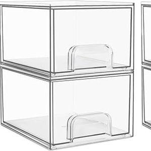 Vtopmart 4 Pack Clear Stackable Storage Drawers, 4.4'' Tall Acrylic Bathroom Makeup Organizer,Plastic Storage Bins For Vanity, Undersink, Kitchen Cabinets, Pantry, Home Organization