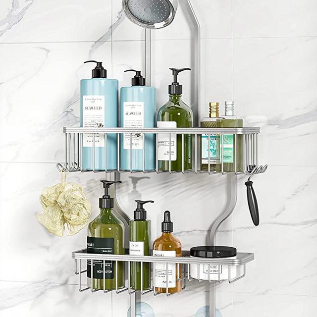 YASONIC Shower Caddy Over Shower Head Never Rust Aluminum Large Hanging Shower Caddy with 10 Hooks for Razor/Sponge - Over The Shower Head Caddy with Soap Basket - Hanging Shower Organizer Silver