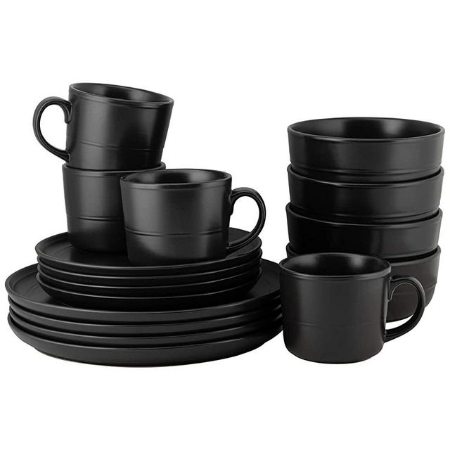 10 Strawberry Street Double Line 16 Piece Dinnerware Set, Matte Black