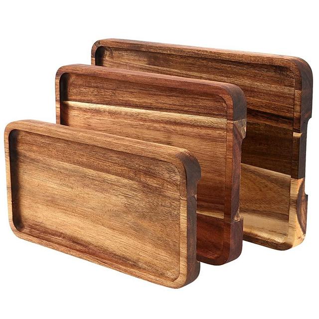 SEUNMUK 3 Pack Wooden Serving Platters, Rectangle Natural Solid Acacia Wood Serving Tray, Wooden Platters for Serving Food, Cheese, Bread, Vegetable(9.8x4.7 inch, 9.8x7 inch, 11.8x7.87 inch)