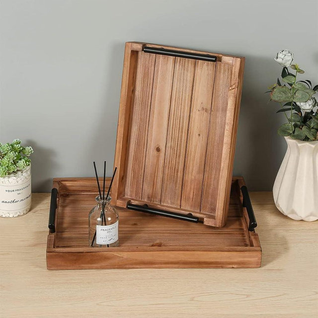Juleduo 2 Piece Decorative Nested Vintage Wood Serving Tray Set for Eating, Breakfast, Party, Kitchen, Ottoman trays Coffee Table & Home Decor, Large: 15.5 x1.96 x11.8” Small: 13.3 x1.96 x9.4” inchs