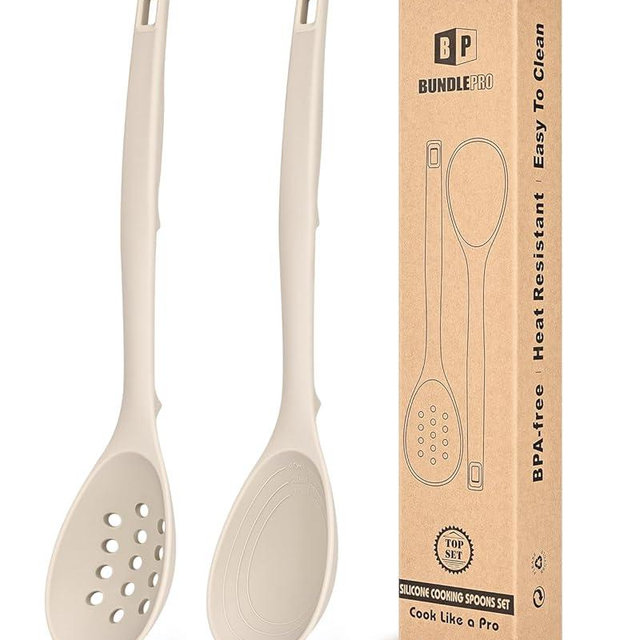 Pack of 2 Silicone Cooking Spoons, Non Stick Solid Kitchen Spoon with Measuring Marks & Back Hooks, Heat Resistant Silicone Slotted Spoon for Cooking, Mixing, Stirring,Serving(KHAKI)