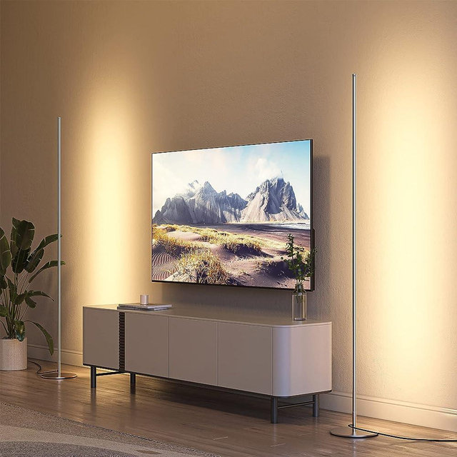 DEWENWILS 57.5" Minimalist LED Corner Floor Lamp, Set of 2 Slim Dimmable Mood Lighting, Standing Tall Floor Lamp for Living Room, Bedroom, Office, 3000K Warm White Light (Silver)