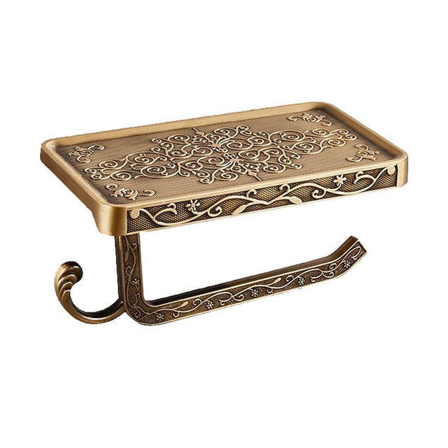 Vintage Carved Floral Toilet Paper Holder with Shelf - Antique Brass Finish Aluminum Bathroom Organizer, Wall Mounted Decorative Roll Holder for Bathroom/Vanity (7.24" Phone Shelf)