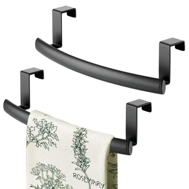 mDesign Modern Metal Kitchen Storage Over Cabinet Curved Towel Bar Rack - Hang on Inside or Outside of Doors, Organize and Hang Hand, Dish, and Tea Towels - Also for Bars - 9.7" Wide, 2 Pack - Black