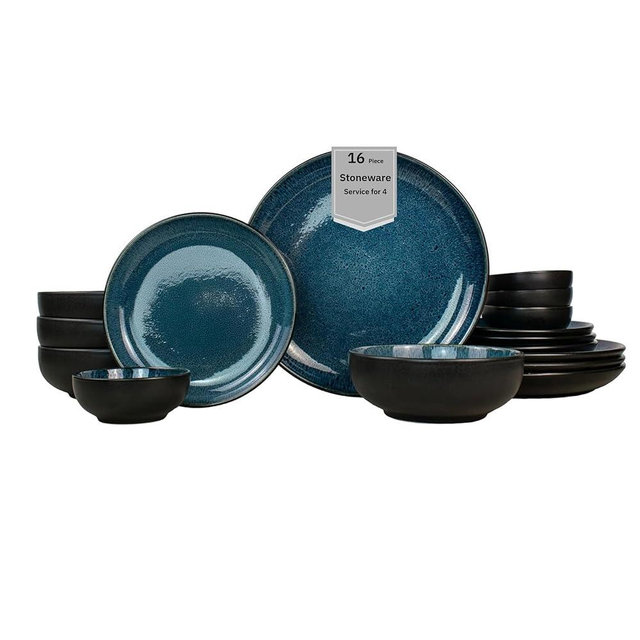 Sango 16-Piece Stoneware Dinnerware Set for 4, Glossy Black & Blue Plates and Bowls Sets with Reactive Glaze, Ceramic Dish Set, Modern Dishes for Everyday Dining, Microwave & Dishwasher Safe, Resona