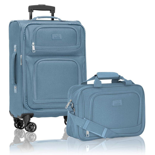 U.S. Traveler Rio Lightweight Softside Rolling Carry-on Suitcase, 4-Wheel Set, Light Blue