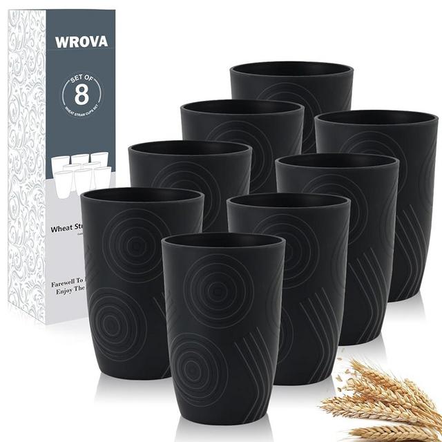 Wrova Wheat Straw Cups 16oz set of 8 with Etched Pattern - Alternative Plastic Cups Dishwasher Safe - Plastic Drinking Cups Unbreakable for Kids - Pure Black