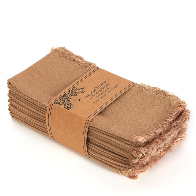 ACCENTHOME Brown Cotton Linen Napkin Set of 12 18x18 inch Dinner Napkins - Washable Soft Premium Hotel Quality Reusable Napkins Perfect Table Napkins for Family Dinners, Weddings