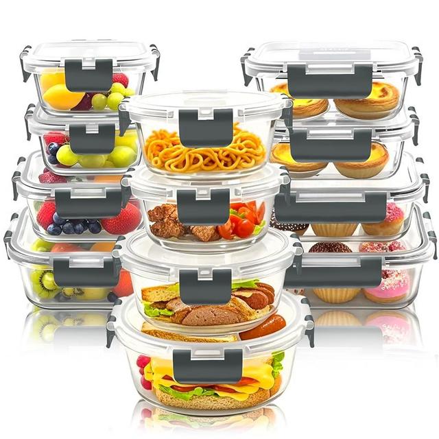Bestfull 12 Pack Glass Food Storage Container Set with Snap Locking Lids Airtight, Stackable Borosilicate Glass Meal Prep Containers, Microwave, Oven, Freezer and Dishwasher Safe (Gray)