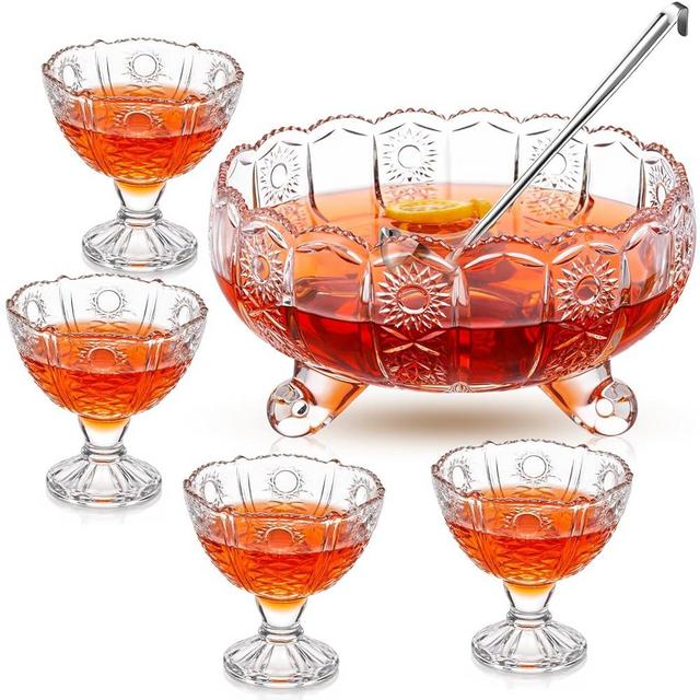 LemonRoad Vintage Crystal Glass Punch Bowl Set Clear 1 Large Glass Punch Bowl with Ladle and 4 Cups 1 Gallon Drink Dispenser 8oz Cups for Party Wedding Serveware Centerpiece Table Decoration