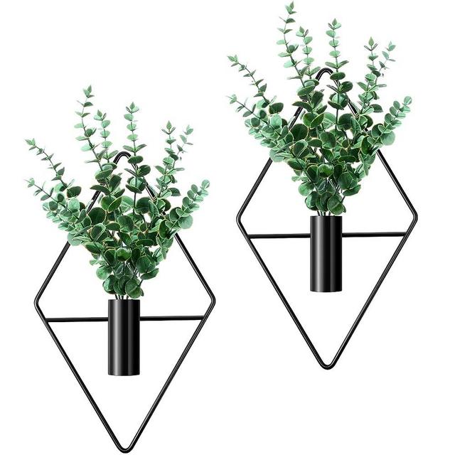 Jexine 2 Pcs Hanging Planters with Artificial Plants Metal Hanging Vase Indoor Plants Holder Modern Geometric Wall Decor for Living Room Home Office (Black, Eucalyptus)