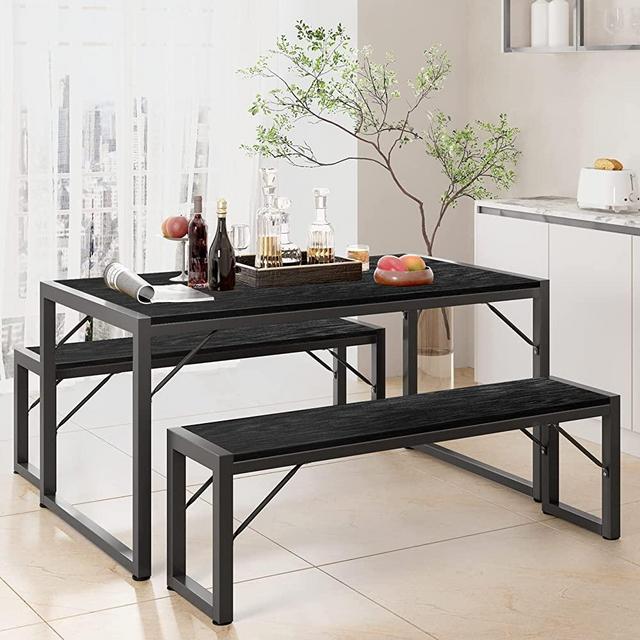 Gizoon 45.5" Dining Table Set for 4, Kitchen Dining Table with 2 Benches, Dining Room Table Set with Metal Frame & MDF Board, Space-Saving Dinette for Kitchen, Dining Room -Black