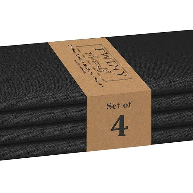 TWINY Threads Cloth Napkins 17x17 Inch - 100% Cotton, Soft, Absorbent, Washable & Reusable Table Linen Napkins for Dinner, Halloween, Fall, Holiday Parties, Cocktail, Everyday Use - Set of 4 - Black