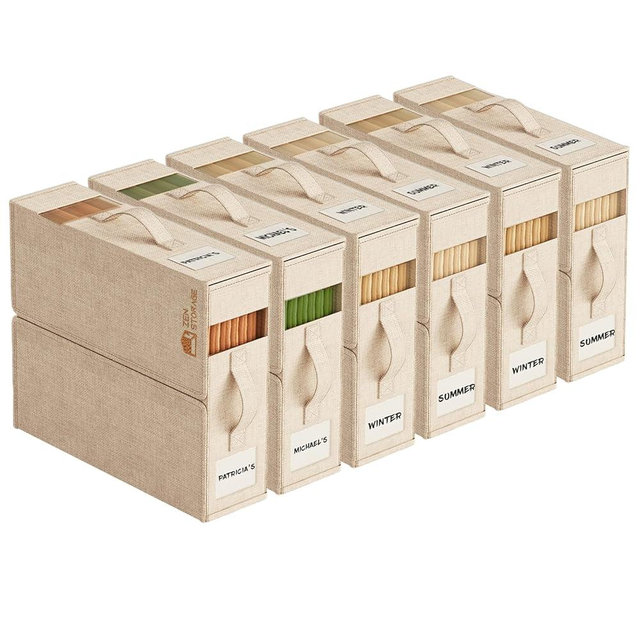 6Pack Sheet Organizers for Linen Closet - King/Queen Size Bedding Storage Boxes with Clear Window | Foldable, Dustproof Linen Organizer for Blankets & Sheet Sets,Beige