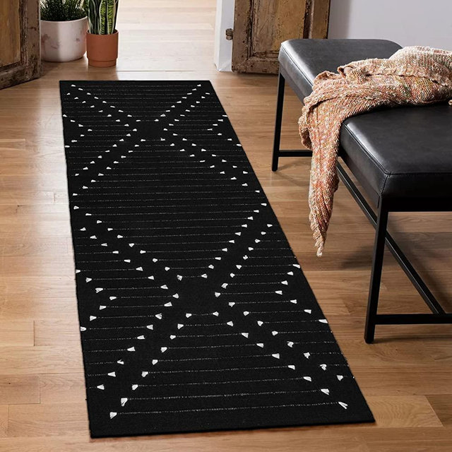 LIVEBOX Black Runner Rug 2'x6' Boho Washable Rug Runner for Hallway, Moroccan Woven Entryway Throw Area Rug Indoor Cotton Mat for Kitchen Laundry Room Bathroom Entry