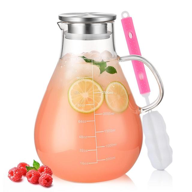 Glass Pitcher with Lid, 105.6oz Glass Water Pitcher with Precise Scale Line, HOUSALE 18/8 Stainless Steel Iced Tea Pitcher, Easy Clean Heat Resistant Borosilicate Glass for Milk, Cold Hot Beverages