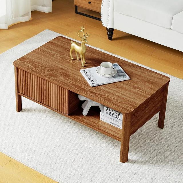 wirrytor Mid-Century Modern Rectangular Wood Coffee Table with Dual Storage Shelf, Storage Center Coffee Tables with Waveform Panel Sliding Door Dining Table for Living Room Apartment(Walnut)