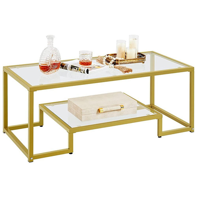Yaheetech Rectangular Coffee Table, Tempered Glass Coffee Table with 2 Tier Storage Shelf, Modern Center Tea Table with Heavy-Duty Metal Frame for Home Living Room, Gold