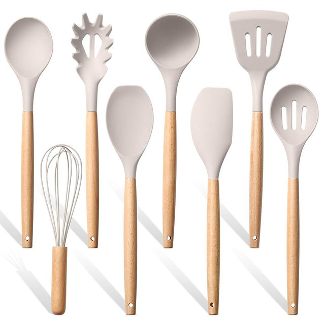 Herogo 8 Pcs Kitchen Cooking Utensils Set, Heat Resistant Non-Stick Silicone Cooking Kitchen Utensils Set with Wooden Handle, Food-Grade Silicone Spatula Spoon Turner Server Whisk Ladle (Khaki)