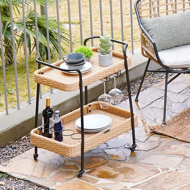 Grand patio Outdoor & Indoor PE Wicker Steel 2-Tier Rolling Bar Beverage Cart, Outdoor Serving Cart for Garden Yard, Vaxjo Natural Color