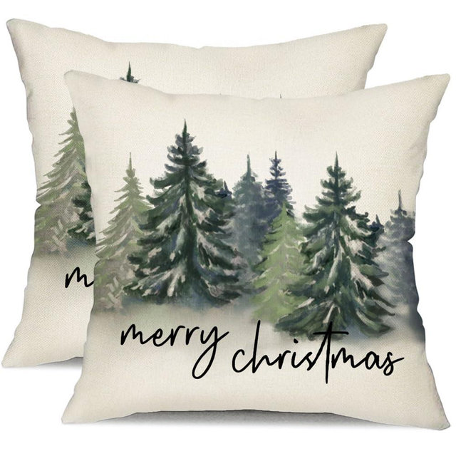 DFXSZ Christmas Pillow Covers 18x18 inch Set of 2 Watercolor Blue Green Christmas Tree Decorative White Throw Pillow Covers Winter Famliy Decoration for Home Couch TH-31D18