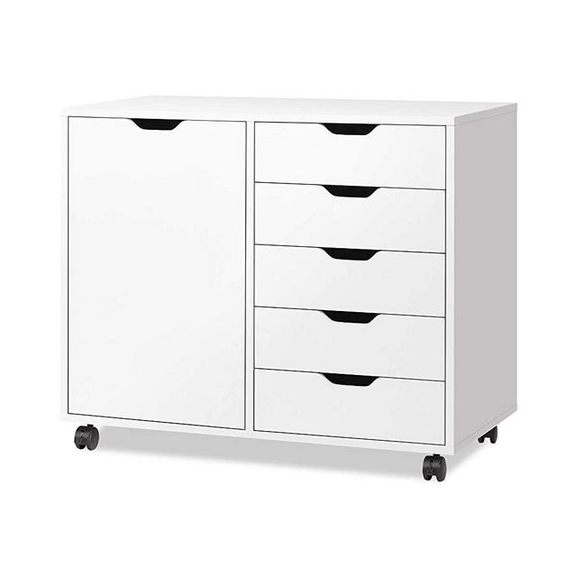 DEVAISE 5-Drawer Wood Dresser Chest with Door, Mobile Storage Cabinet, Printer Stand for Home Office, White
