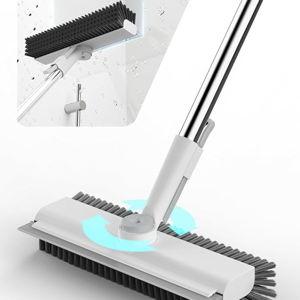 Floor Scrub Brush with Long Handle, 3 in 1 Scrape and Heavy-Duty Stiff Bristle Floor Scrubber Brush with Squeegee and Tweezer for Cleaning Tile Wall Deck Bathroom Patio Garage Kitchen (White)