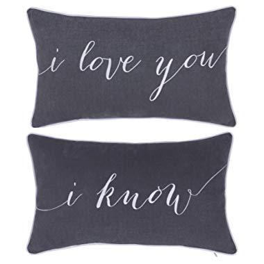DecorHouzz I Love u I know Set of 2 Pcs Embroidered Pillow Case Pillow Cover Decorative Pillow Cushion Cover 12"x20" Couple Wedding Anniversary (Grey)