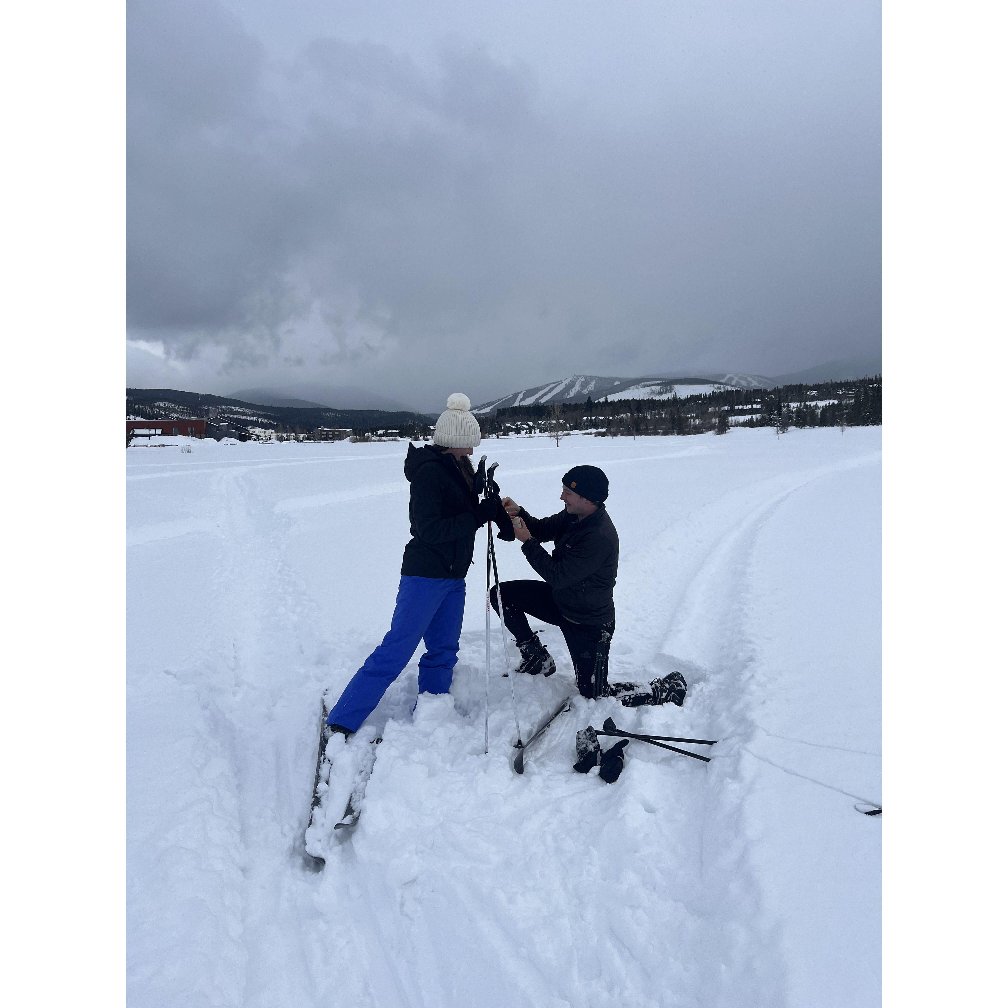 Alexi finally popping the question after falling on his XC skis.