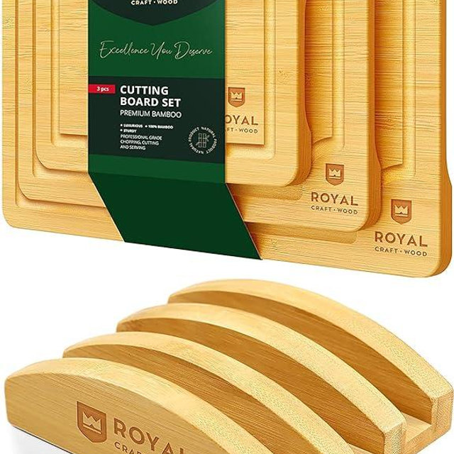 Bamboo Cutting Board Set with Juice Groove (3 Pieces) and Cutting Board Organizer