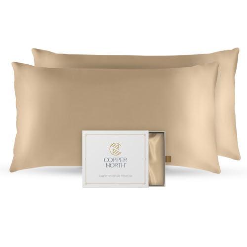 Copper Infused Pillowcase 100% Pure Silk | 22 Momme Mulberry Silk | Clearer Skin & Smoother Hair, Anti-Acne, Anti-Aging, Naturally Cooling (2 Cases, King, Gold)