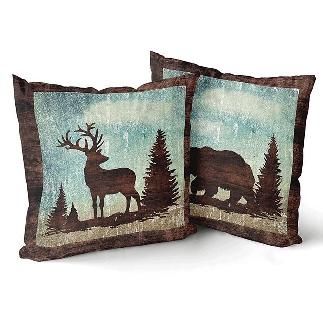 Bear Deer Pillow Cover Set of 2, Vintage Background Wildlife Elk Moose Tree Pillowcase Soft Cotton Holiday Decorative Pillow Cases 18 X 18 Inch Double Sided Cushion Covers for Sofa Bedroom Bed Decor
