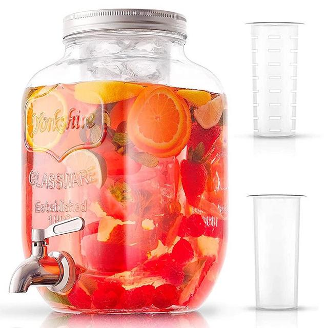 1-Gallon Drink Dispenser. Glass Beverage Dispenser with Stainless steel Spigot plus Ice Cylinder and Fruit Infuser! Water Dispenser, Lemonade Stand, Juice Container - Drink Dispensers for Parties