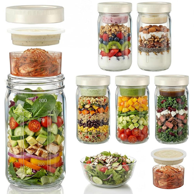 Acellegic 6 Pack 32oz Glass Salad Jars with Lids, Meal Prep Containers with Leak Proof Lids & 2 Built in Dressing Cups, Wet/dry Separation for Overnight Oats, Cereal, Fruit, Mason Jar