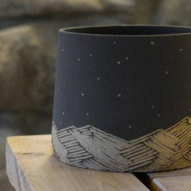 Carved Mountains- Handmade Ceramic Succulent Pots Clay Pottery Planters, Black & Natural Home Decor Nature Outdoors Design Indoor Plant Pots