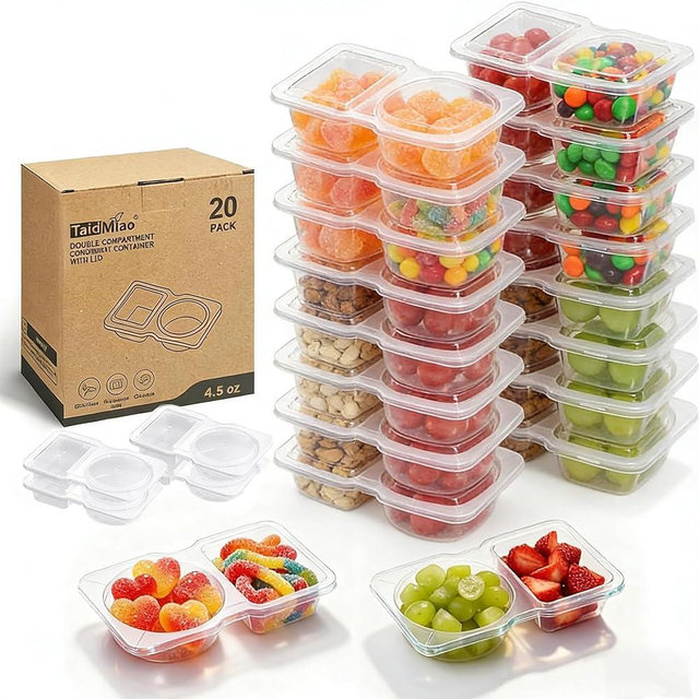 TaidMiao Reusable Snack Containers Compartment with Lids - 20 Sets Snack Containers, Double Snackle Box Compartment Condiment Containers, Snack Box for Sauce and Snacks