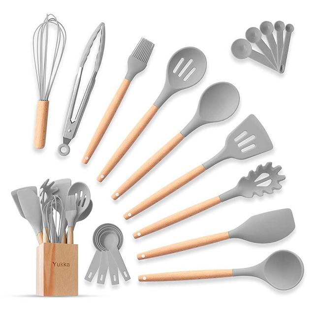 Complete Silicone Cooking Kitchen Utensil Set 20pcs Natural Bamboo Handles Non-Stick BPA-Free Non-Scratch Cookware W/Wooden Holder Spatula Tongs Measuring Cups & Spoons Set Best Kitchen Gadget (Gray)