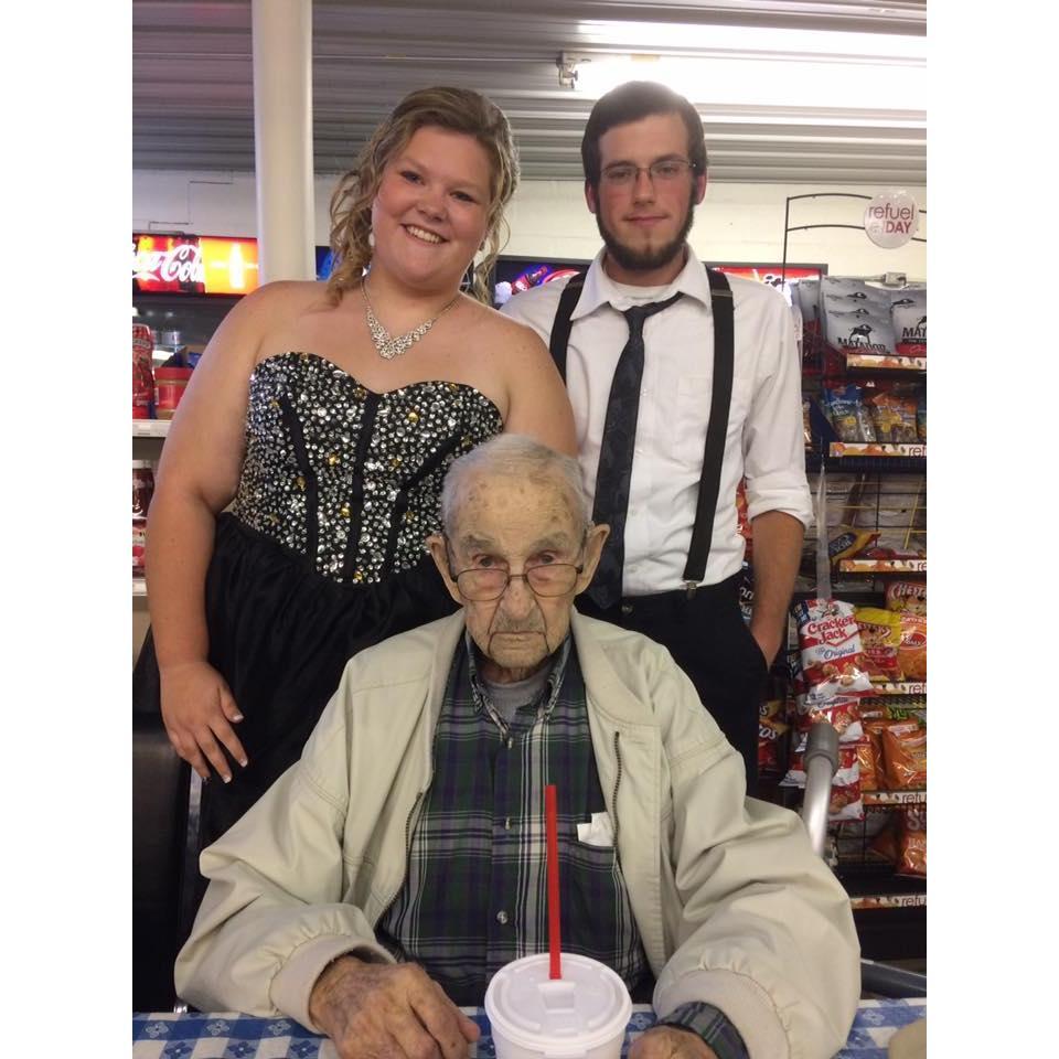 Katelyn, Spencer, and Katelyn's Great Grandpa Alonzo Kurre before Katelyn's Senior Fall Formal