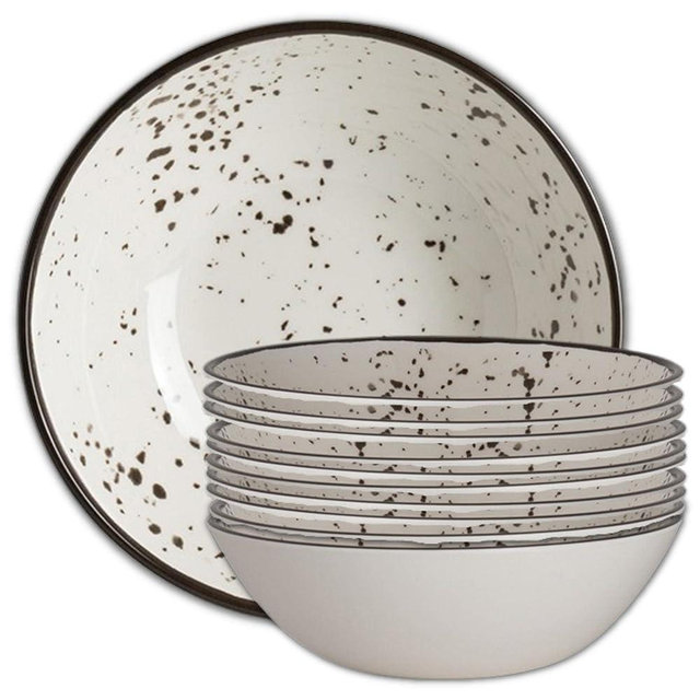 Steelite International 7066MM313 Melamine Cereal Soup Bowl, Heavy Use Unbreakable, Urban Snow Coupe 6.5" Round, 15 Oz., Black Rim, Rustic Flecks, Set of 12, White