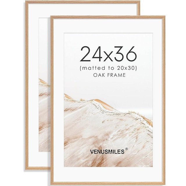 Venusmiles 24x36 Poster Frame Set of 2 Natural Solid Oak Photo Frames with 20x30 Removable Mat Wall Hanging Large Handcrafted Frame with HD Plexiglass Wall and Tabletop Display Large Picture Frame