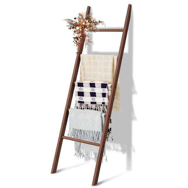 5-Tier Blanket Ladder Wooden, 5.3FT(63'') Blanket Quilt Towel Holder Rack Decorative Ladder, Easy Assembly, Rustic Farmhouse Ladder Shelf for The Living Room Bedroom Bathroom Home Decor, Brown