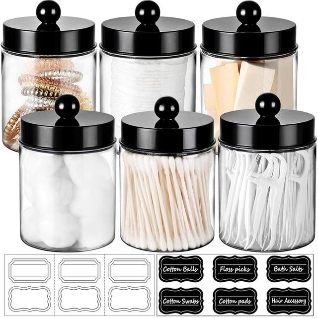 Apothecary Jars Bathroom Vanity Storage Organizer Set -Countertop Canister Plastic Acrylic Jar - Farmhouse Decor Qtip Holder for Cotton Swabs,Makeup Sponges,Flossers ,Paper Clips-Black (6)