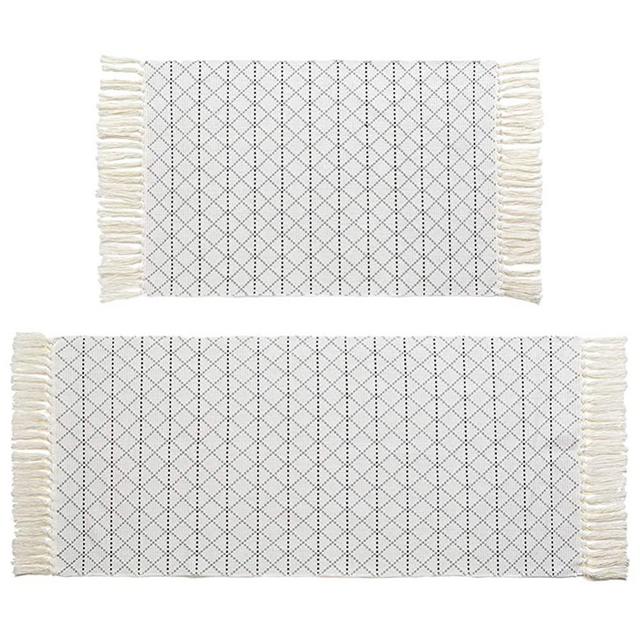 Boho Moroccan Tassel Bathroom Rug Runner Set Gray White Woven Bath Mat Kitchen Rug 2 Piece 4.2'x2'+3'x2', Cotton Washable Small Throw Rug Tribal Area Rug for Laundry Room Bedroom Entryway
