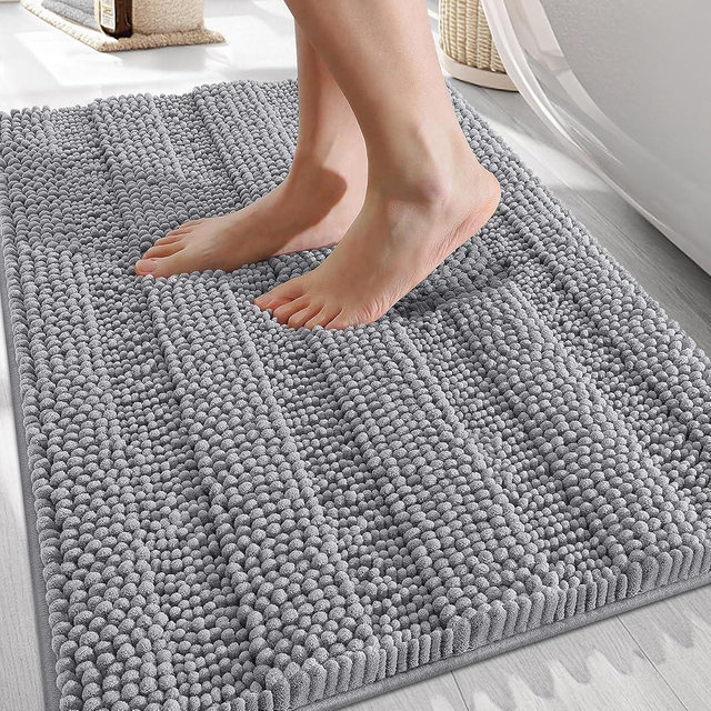 OLANLY Thick Bathroom Rugs 24x16, Extra Soft Absorbent Chenille Striped Bath Rugs, Rubber Backing, Machine Wash Dry, Bath Mats for Bathroom Floor, Tub and Shower, Home Decor Accessories, Grey