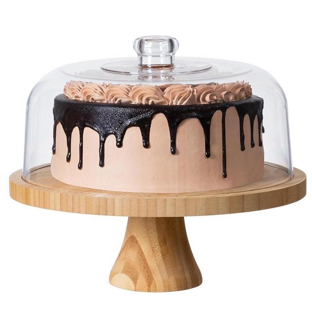 HBlife Cake Stand with Lid Multifunctional Cake Stand with Acrylic Dome Bamboo 6-in-1 Cake Plate Display Stand with Cover for Baking Gifts, Birthday Kitchen Parties, Weddings